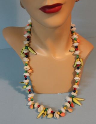 Vintage Plastic Fruit Bead Sea Shell Necklace 1960s