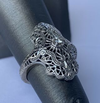 Antique Art Deco One Of A Kind 14k White Gold Ring Filigree Diamond Size 4
