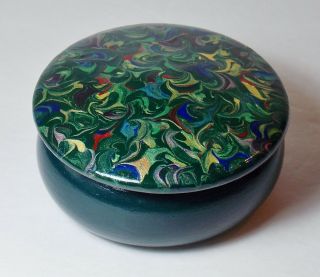 Vintage Mexican Folk Art Small Round Wood Box/hand Painted Green Lacquer/lidded