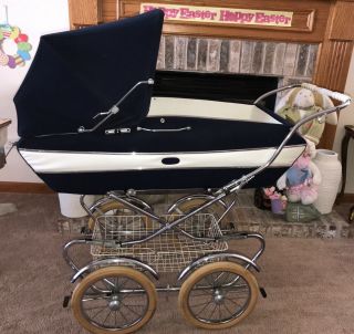 Giuseppe Perego Antique Vintage Stroller Carriage Buggy - Made In Italy White Blue