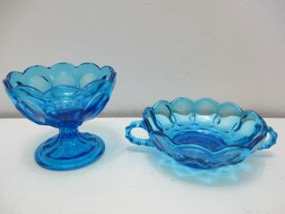 Vintage Anchor Hocking Glass Fairfield Pedestal Candy Dish & Handled Bowl Blue
