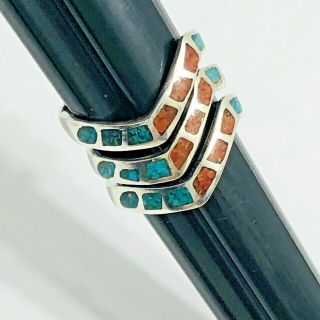 Vintage Turquoise Coral Inlay Stacking Rings Old Pawn Set Of 3 Small Size 4.  5