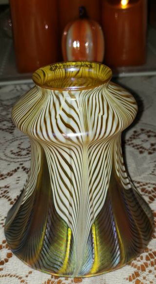 Antique Signed Quezal Iridescent Glass Lamp Shade 2 1/4 " Fitter