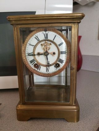 Antique Ansonia Brass Mantle Clock Mercury Pendulum Glass Doors With Key