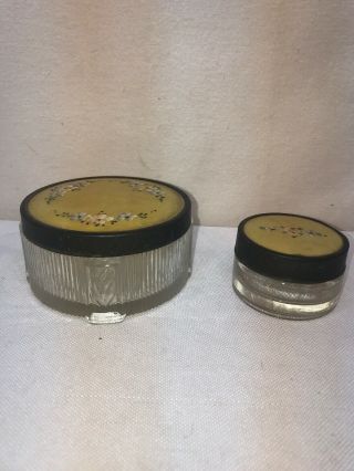 Vtg Pair 1940 - 50’s Glass Powder Puff Makeup Cream Jars Vanity Tole Painted Lids