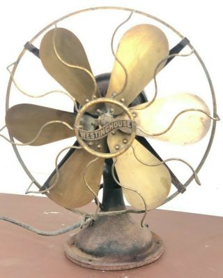 Antique 12 " Westinghouse 6 - Brass Bladed Oscillating Electric Fan - Well