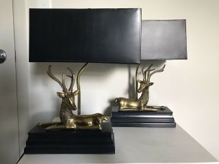 Mcm Frederick Cooper Brass Deer Stag Lamps Pair Vintage Shade Chapman