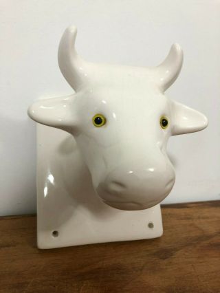 Vintage Distressed White Ceramic Cow Bull Head Wall Mount Plaque
