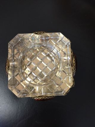 VINTAGE ART GLASS ASH TRAY METAL BASE Crystal Ash Tray Amber Colored Stones 2