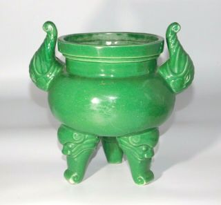 Antique,  Chinese Qing Apple Jade Green Crackle Glazed Pottery Tripod Censer
