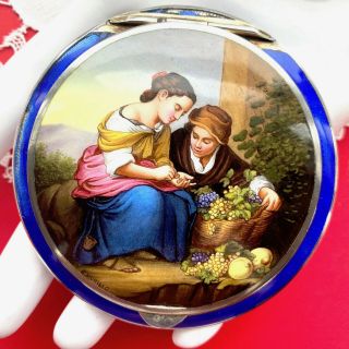 Austria Antique Sterling French Guilloche Hand Painted Artist Signed Compact Evc