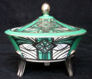 Antique Noritake Art Deco Porcelain Lidded Box,  Green & Silver Geometric,  1920s
