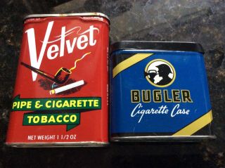 Vintage Bugler And Velvet Cigarette & Pipe Tobacco Case Tins W/ Lids