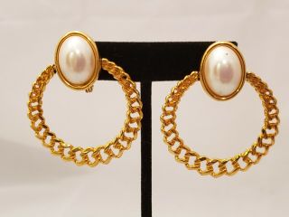 Vintage Monet Clip - On Earrings Gold Tone Circle Hoop W/ Faux Pearl Cabachon