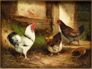 Chickens In A Farmyard | Signed Late 19th Century English Antique Oil Painting