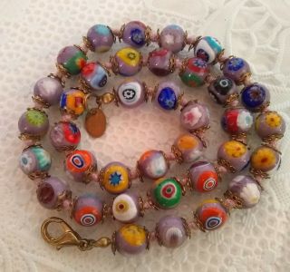 Vintage Signed Murano Venetian Millefiori Art Glass Bead 17 " Knotted Necklace
