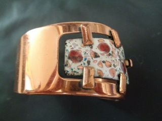 Vintage Signed Matisse Renoir Copper & White Red Teal Enamel Cuff Bracelet