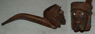 Vintage Hand Carved Briar Pipe Arab Man With Hat And Glass Eyes