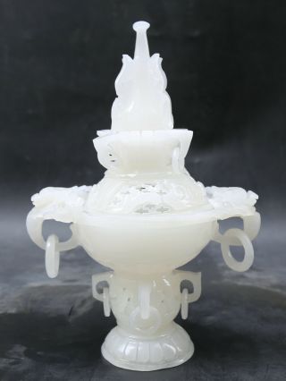 10 " Chinese White Jade Hand Carved Lovable Animal Dragon Incense Burner Censer