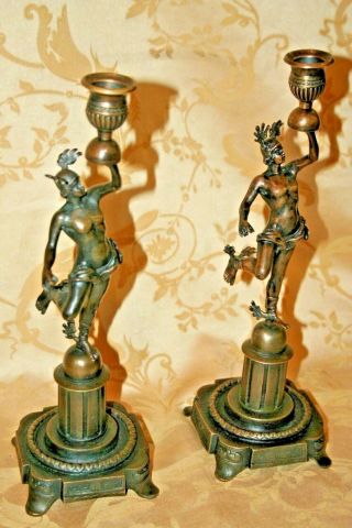 Pair Rare Antique 19th Cent 14 " Bronze Candlesticks - Hermes Mercury On Pedestal