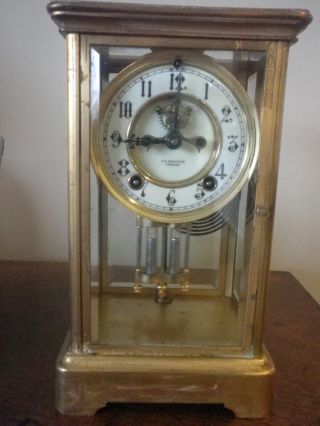 Antique Ansonia Brass Mantle Clock Pendulum Glass Doors With Key