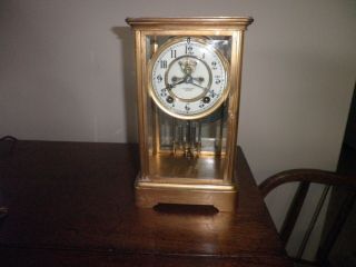 Antique Ansonia Brass Mantle Clock Pendulum Glass Doors With Key 2