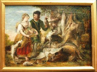 Early 19th Century Huntsman & Maiden With Dogs & Game Antique Oil Painting