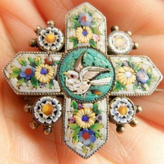 Stunning Antique Dove & Flowers Silver Gilt Micro Mosaic Brooch