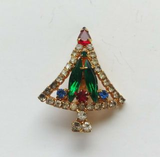 Vintage Rhinestone Green Red Blue Clear Gold Christmas Tree Pin Brooch 1950s