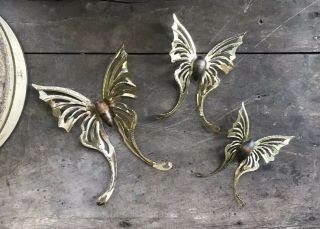 Vintage Brass Tone Set Of 3 Butterfly Wall Art Boho Mcm