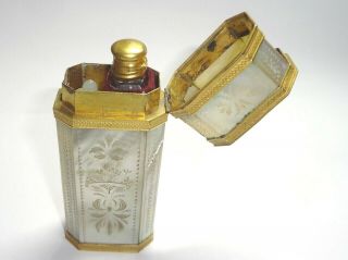 Antique Mother Of Pearl Gilt Metal Scent Perfume Snuff Bottle Ormolu Caddy