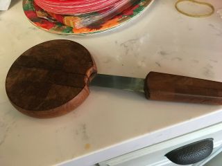 Vintage Dansk Denmark Solid Teak Wood Round Cheese Cutting Board Knife As Handle