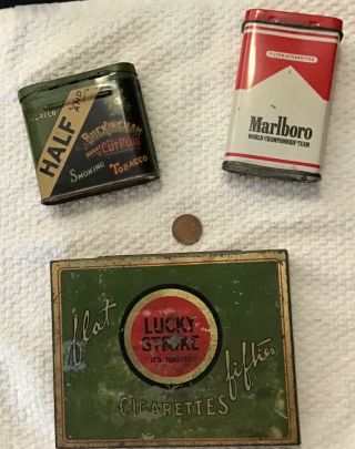3 Antique Tin Cigarette Holders Lucky Strikes / Marlboro / Buckingham