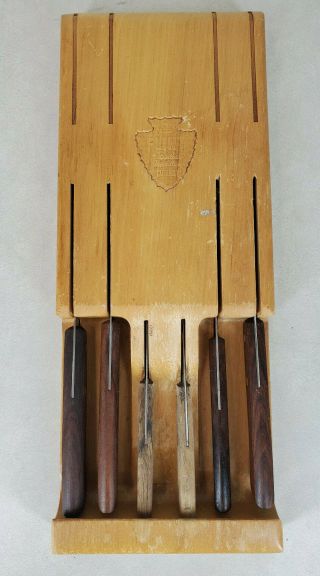 Vintage Ekco Flint Stainless Vanadium 5 Knife Wood Wall Block Set With Knives