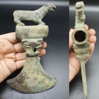 Scarce Ancient Luristan Bronze Axe With Lion Terminal Circa 1000bce