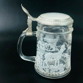 Vintage Glass Beer Stein With Lid,  Etched Deers,  Made In W Germany
