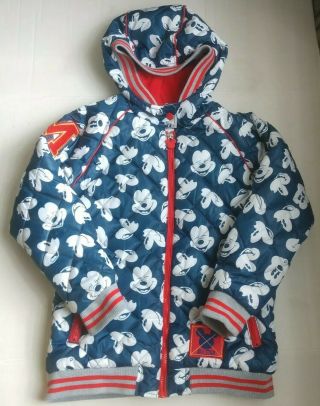 Disney Mickey Mouse All Over Print Jacket Hooded Zip Up Blue Red White Girls 7/8