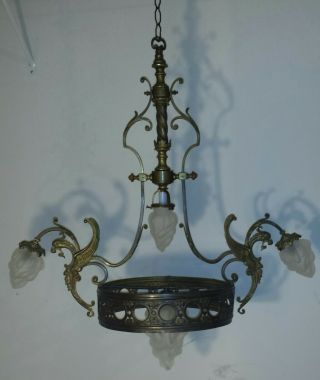 Antique Art Deco Griffin Brass Hanging Ceiling Chandelier 4 Light Lamp
