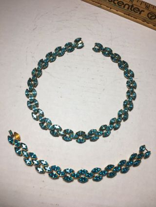 Vintage Necklace And Bracelet Lite Blue Rhinestone Gold Tone Costume Jewelry