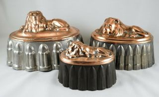 3 Graduated Antique Copper & Tin Deep Jelly / Pudding Molds With Lions