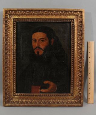 17thc Antique Spanish School Portrait Oil Painting,  Long Hair & Beard,  Red Sash