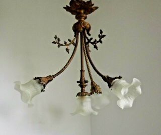 French Vintage 4 Light Bronze Chandelier With White Frilled Glass Shades 2176