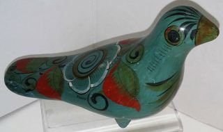 Vintage Hand Painted 6 " Mexican Folk Art Clay Pottery Bluish Green Bird Tonala
