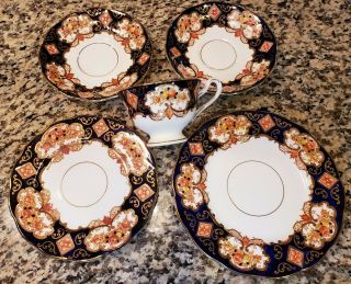 Euc Vtg Set Of 5 Royal Albert Bone China Derby Tea Cup And Plates Blue And Gold