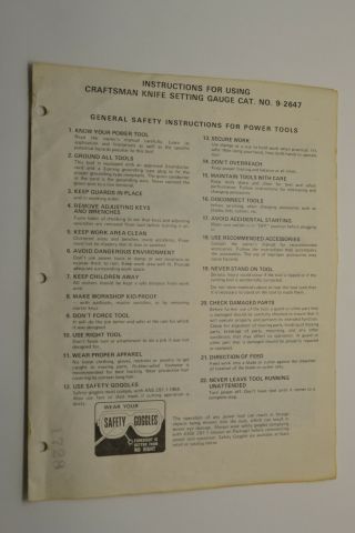 Vintage 1976 Craftsman 09 - 2647 Knife Setting Gauge Instructions