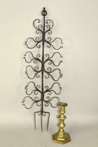Museum Quality 18th C Heart Decorated Wrought Iron Roasting Fork In Old Surface
