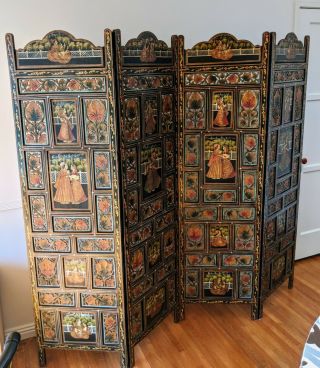 Vintage Indian 4 - Panel Hand - Painted Wood Folding Screen 71.  5 X 80