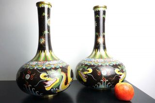 Huge Antique Chinese Cloisonné Dragon Bottle Vases 42cm