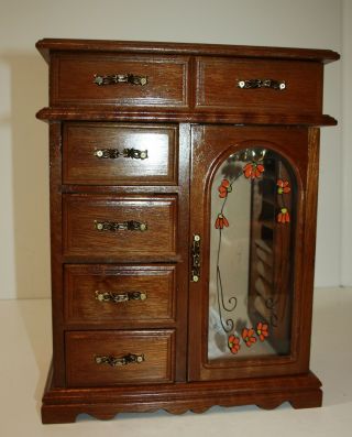 Vintage Wood Jewelry Box 4 Drawer Faux Stained Glass Door Top Opens