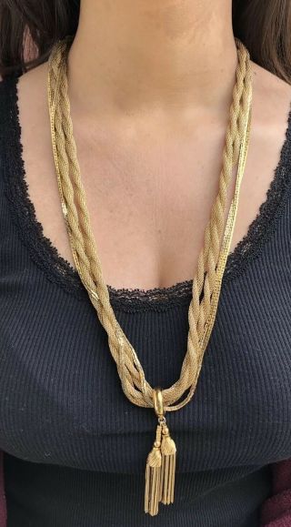 Huge Vintage Monet Gold Tone Multi Chain Runway Tassel Pendant Necklace